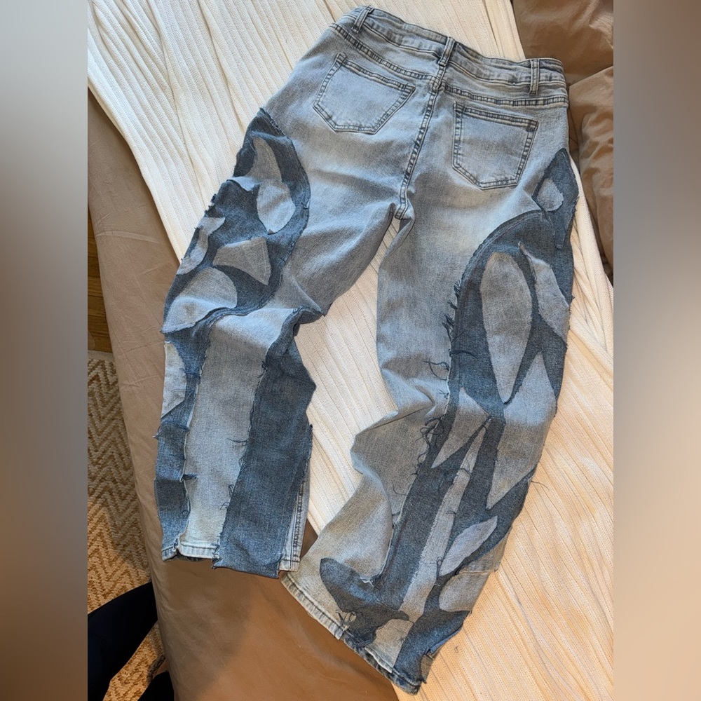Custom Patchwork Light Wash Denim Jeans with Abstract Appliqué - Picture 3 of 7